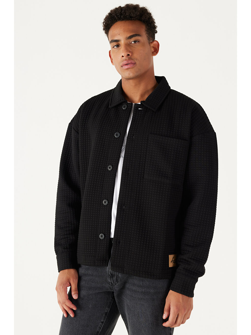 Erkek Siyah Loose Fit Bol Kesim Kapitone Desenli Gömlek Yaka Örme Ceket-3