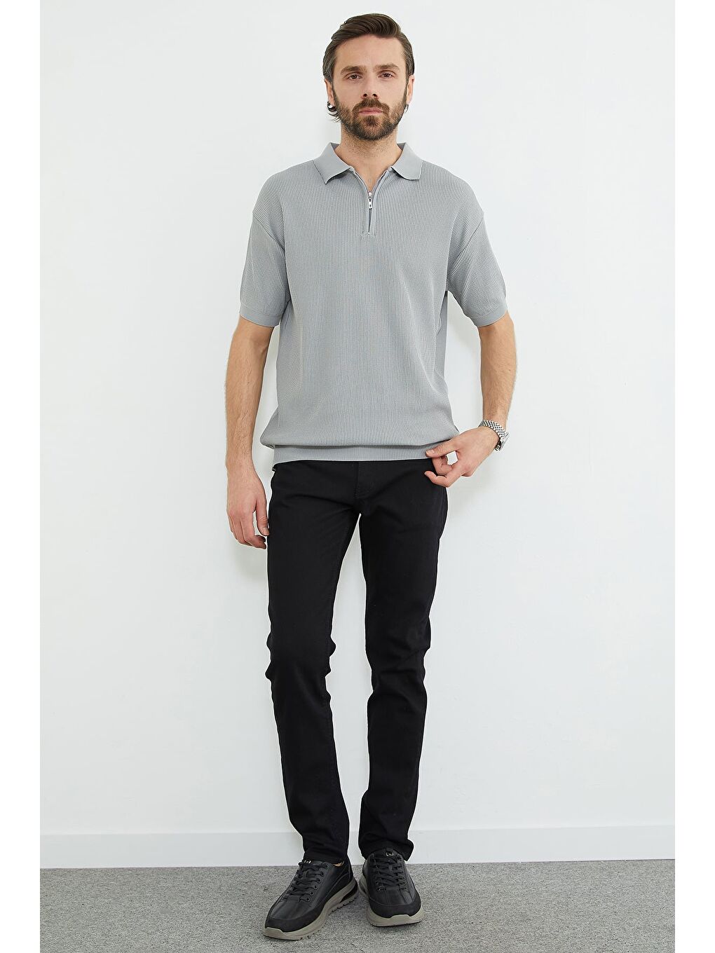 Gri Yarım Fermuarlı Polo Yaka Triko Tişört-1