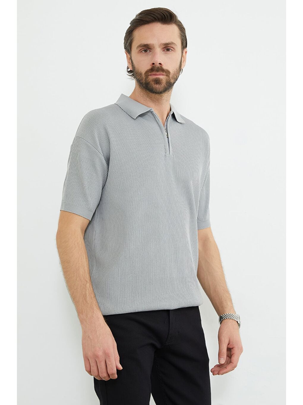 Gri Yarım Fermuarlı Polo Yaka Triko Tişört-2