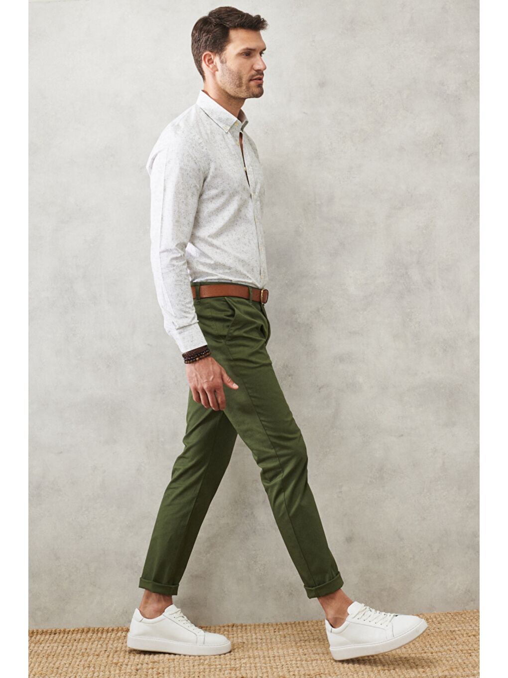 Erkek Haki Slim Fit Dar Kesim Yan Cepli Esnek Armürlü Chino Pantolon-4