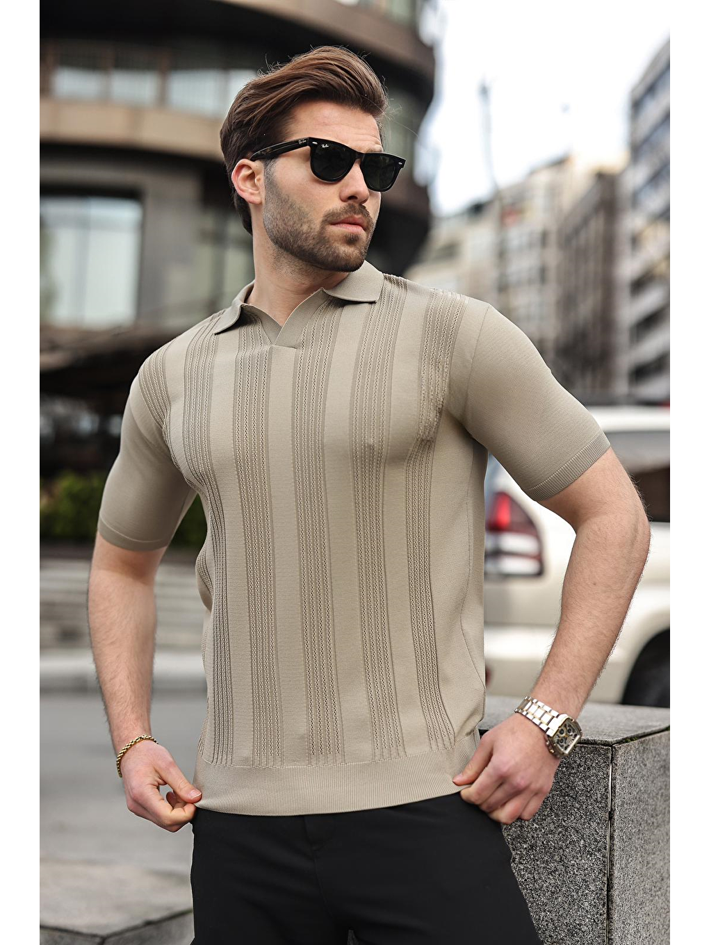 Bej Vizon Polo Yaka Triko Erkek Tişört E7469-1