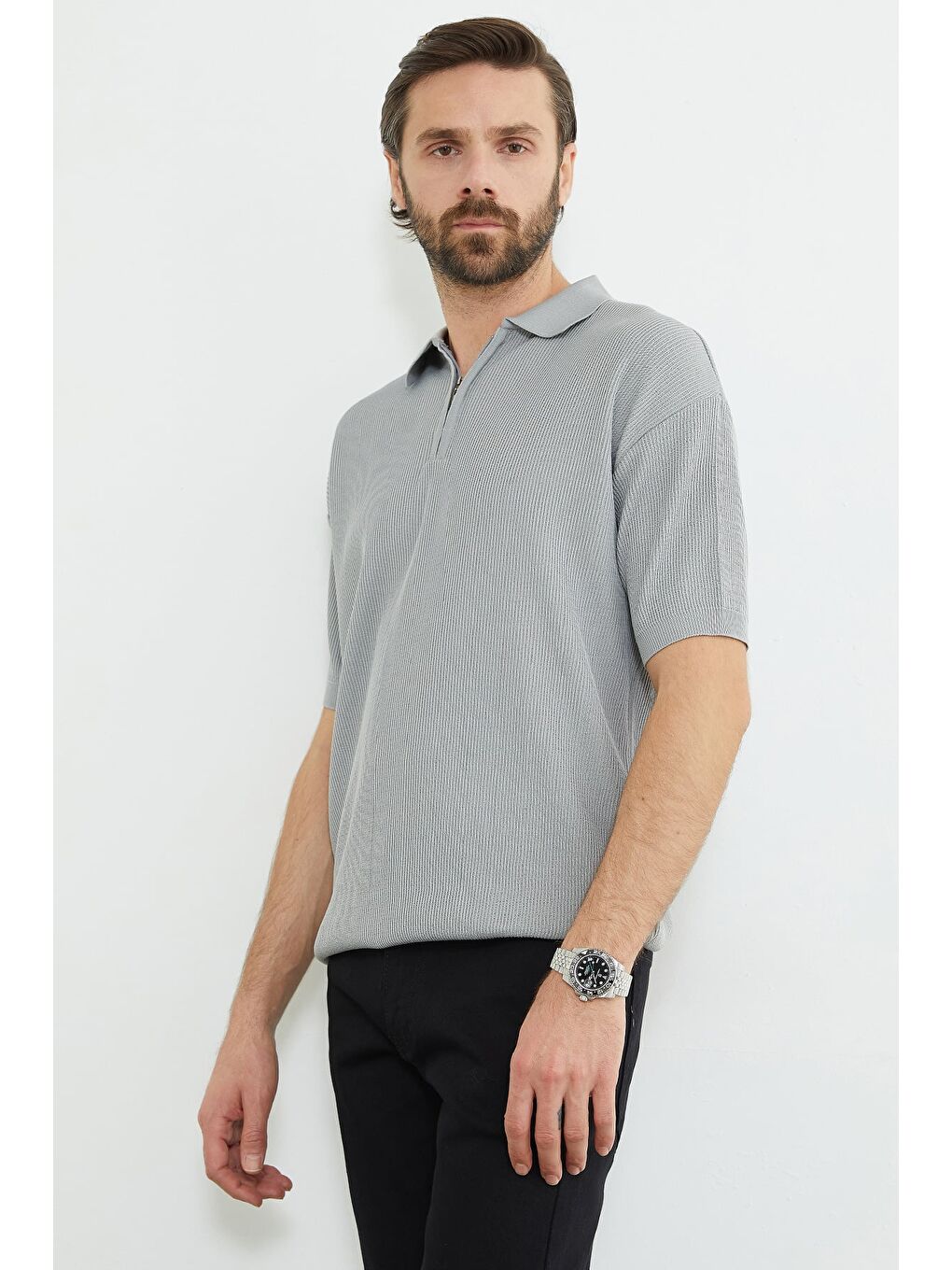 Gri Yarım Fermuarlı Polo Yaka Triko Tişört-3