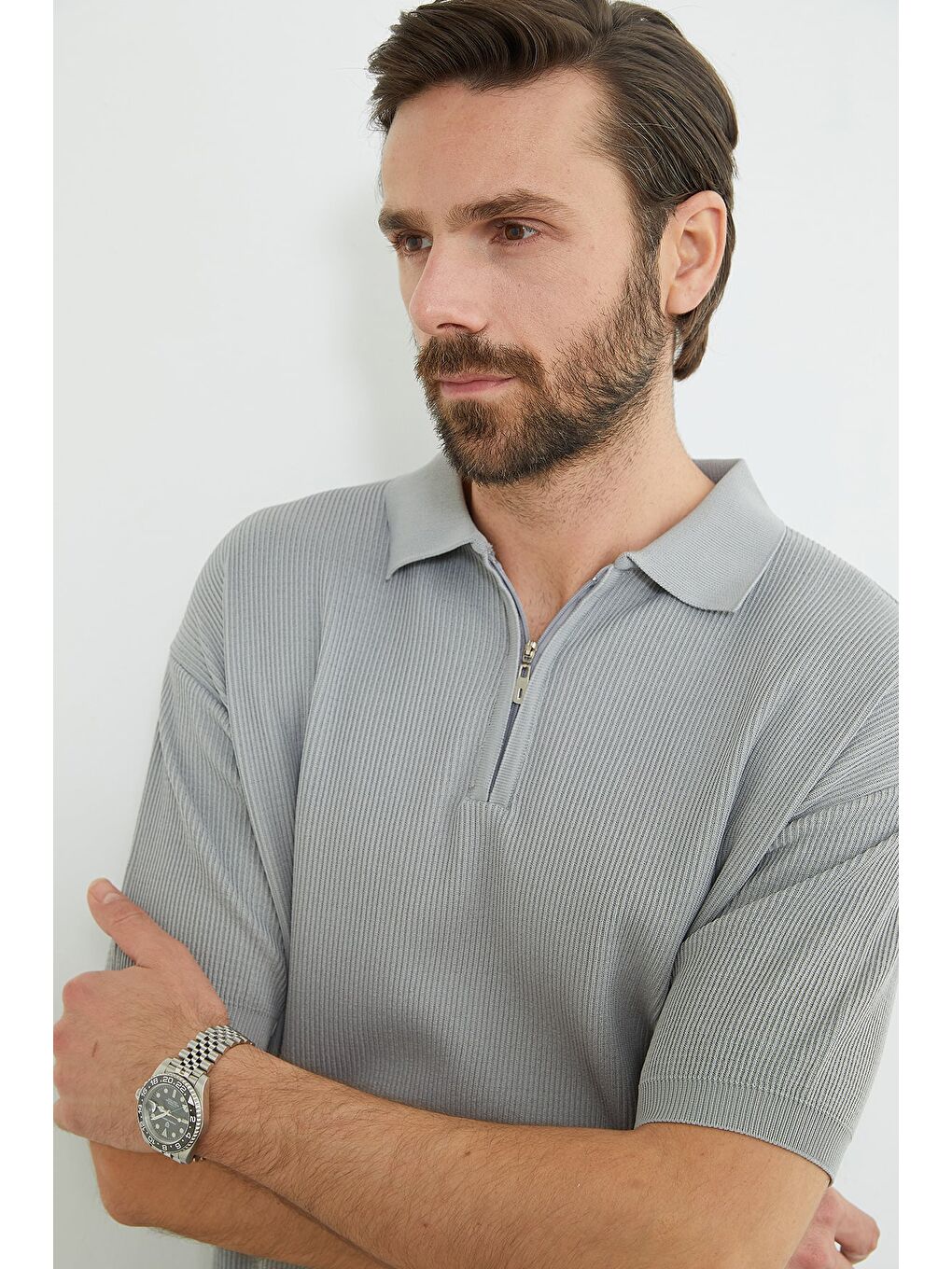 Gri Yarım Fermuarlı Polo Yaka Triko Tişört-4