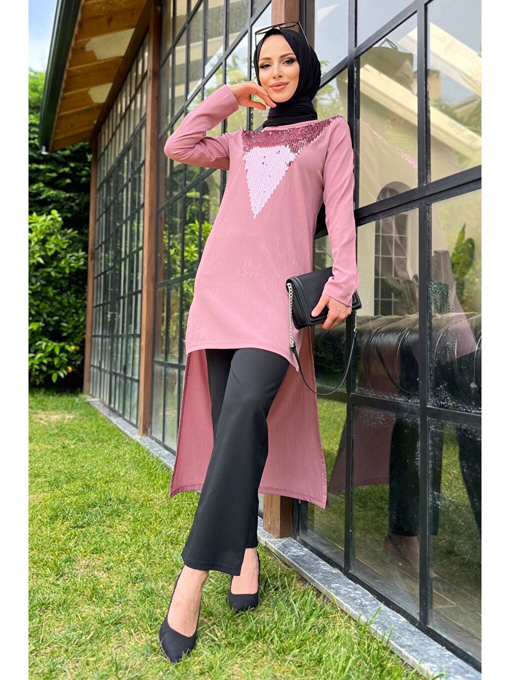 TOFİSA Pembe Düz Bisiklet Yaka Kadın Pembe Tunik+Pantolon - 11514 - 1