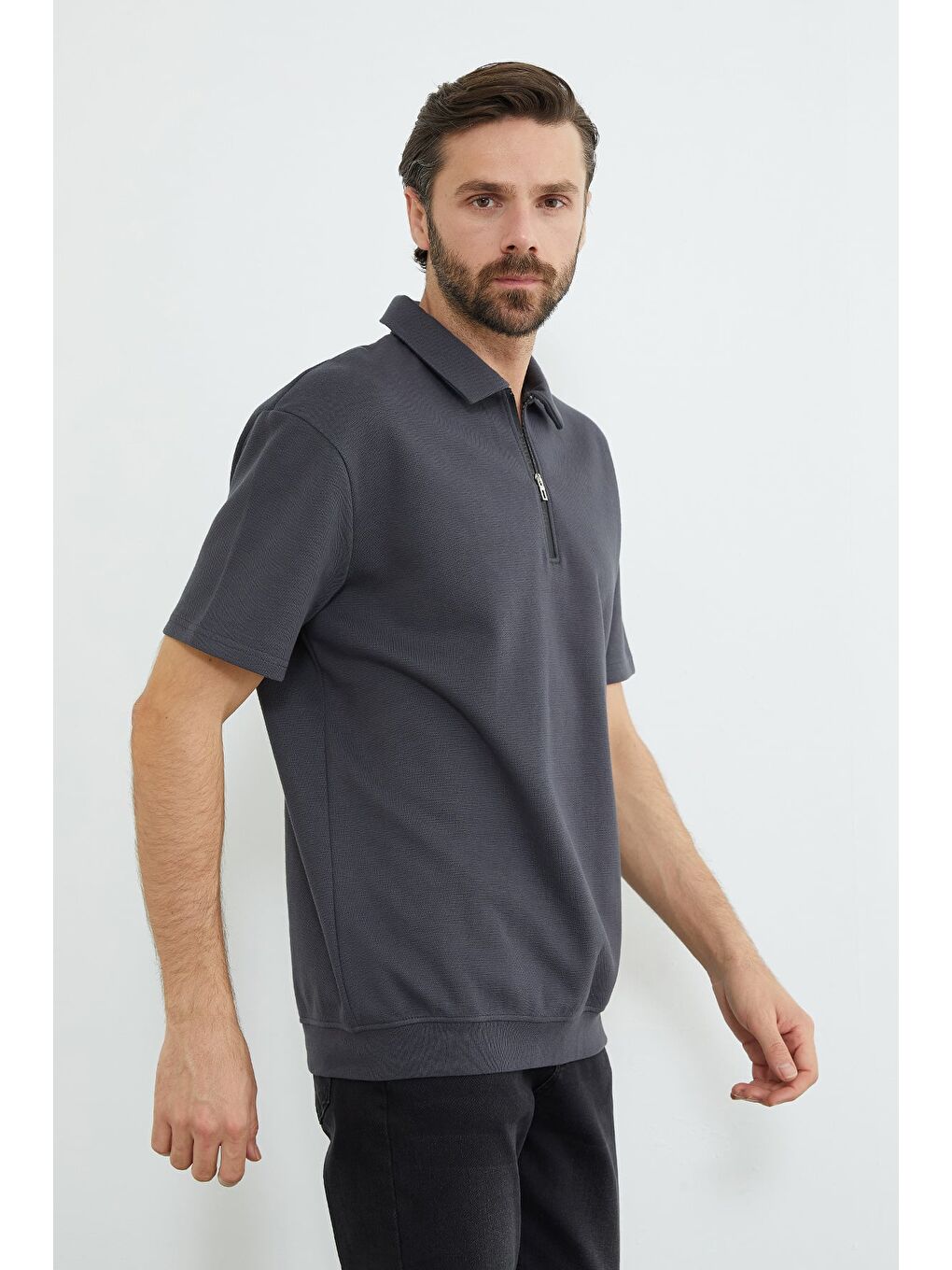 Gri Fermuarlı Polo Yaka Pike Tişört-1