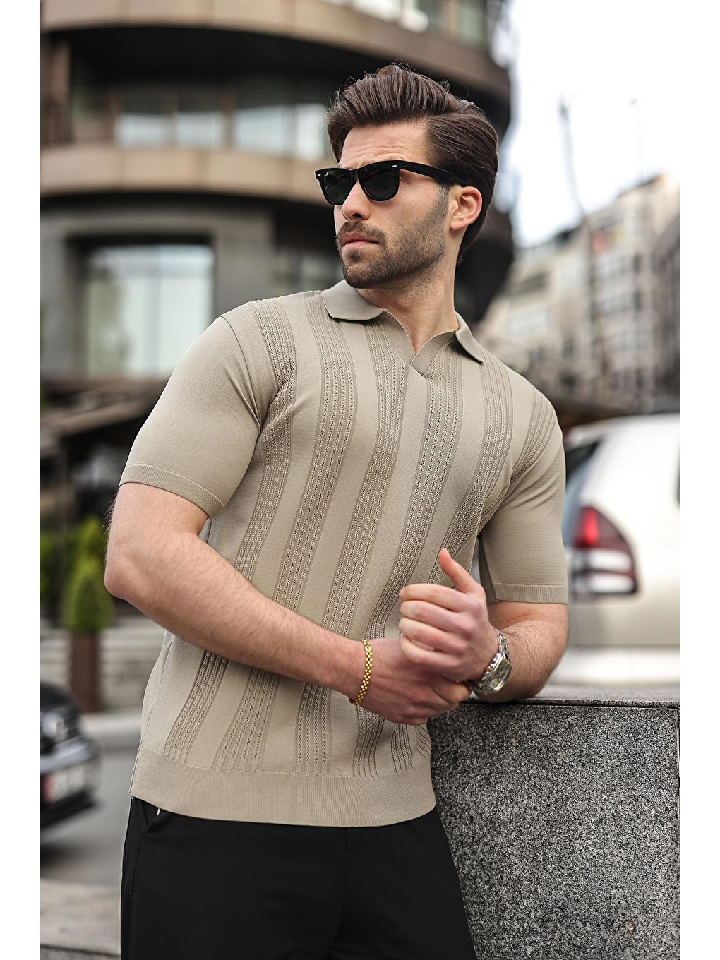 Bej Vizon Polo Yaka Triko Erkek Tişört E7469-3