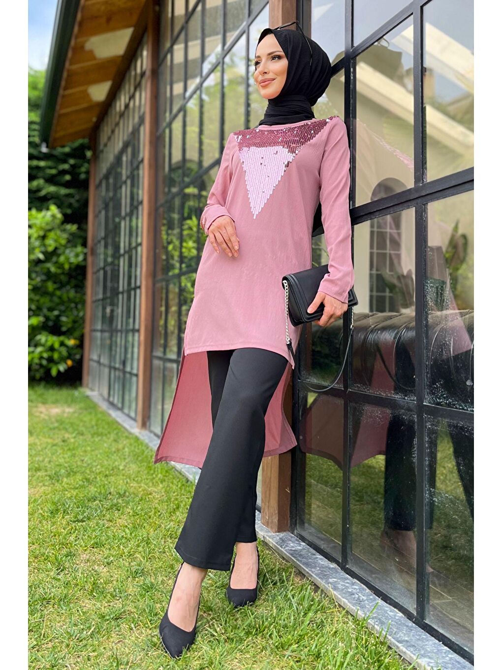 TOFİSA Pembe Düz Bisiklet Yaka Kadın Pembe Tunik+Pantolon - 11514 - 2