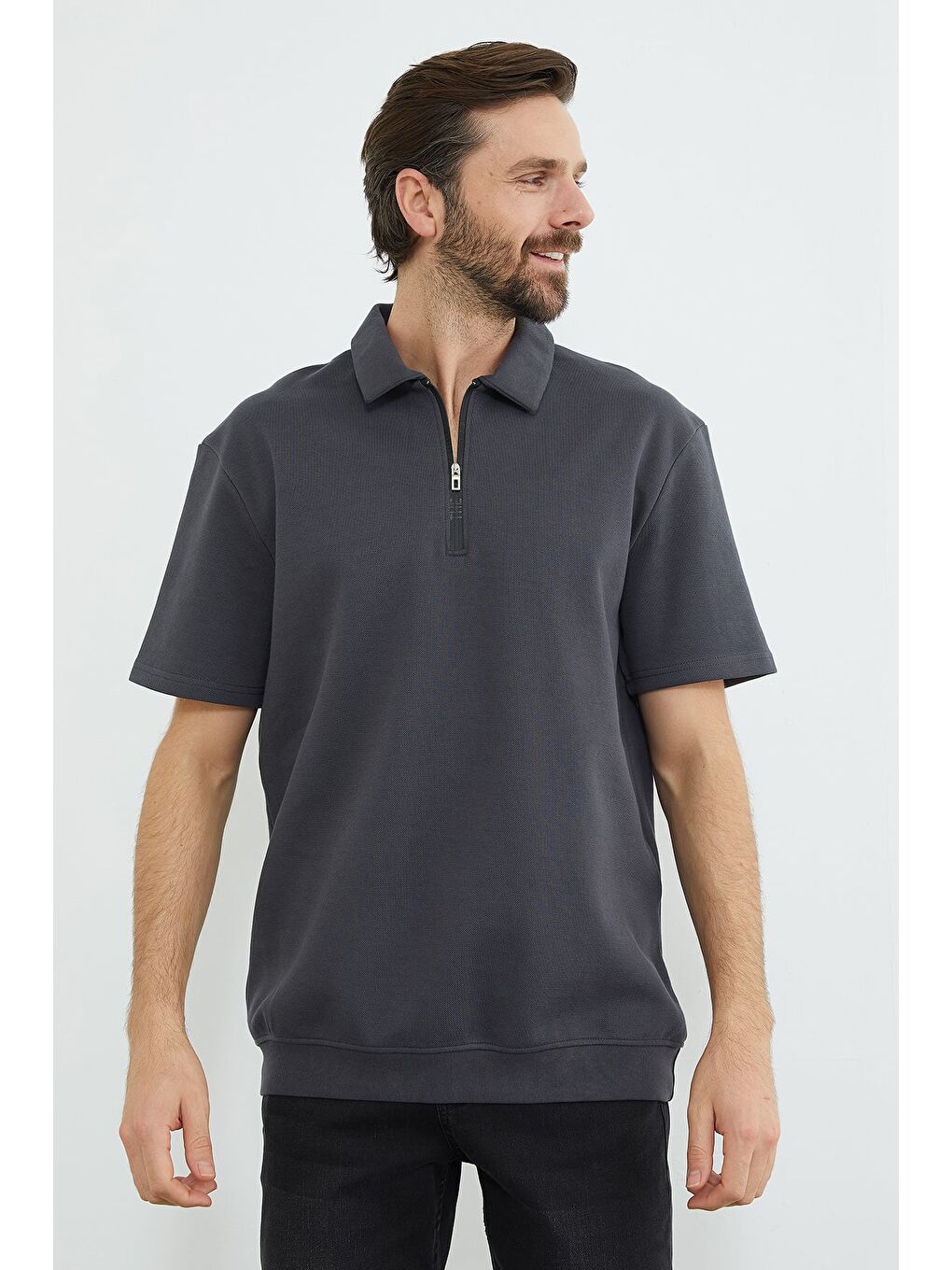 Gri Fermuarlı Polo Yaka Pike Tişört-2