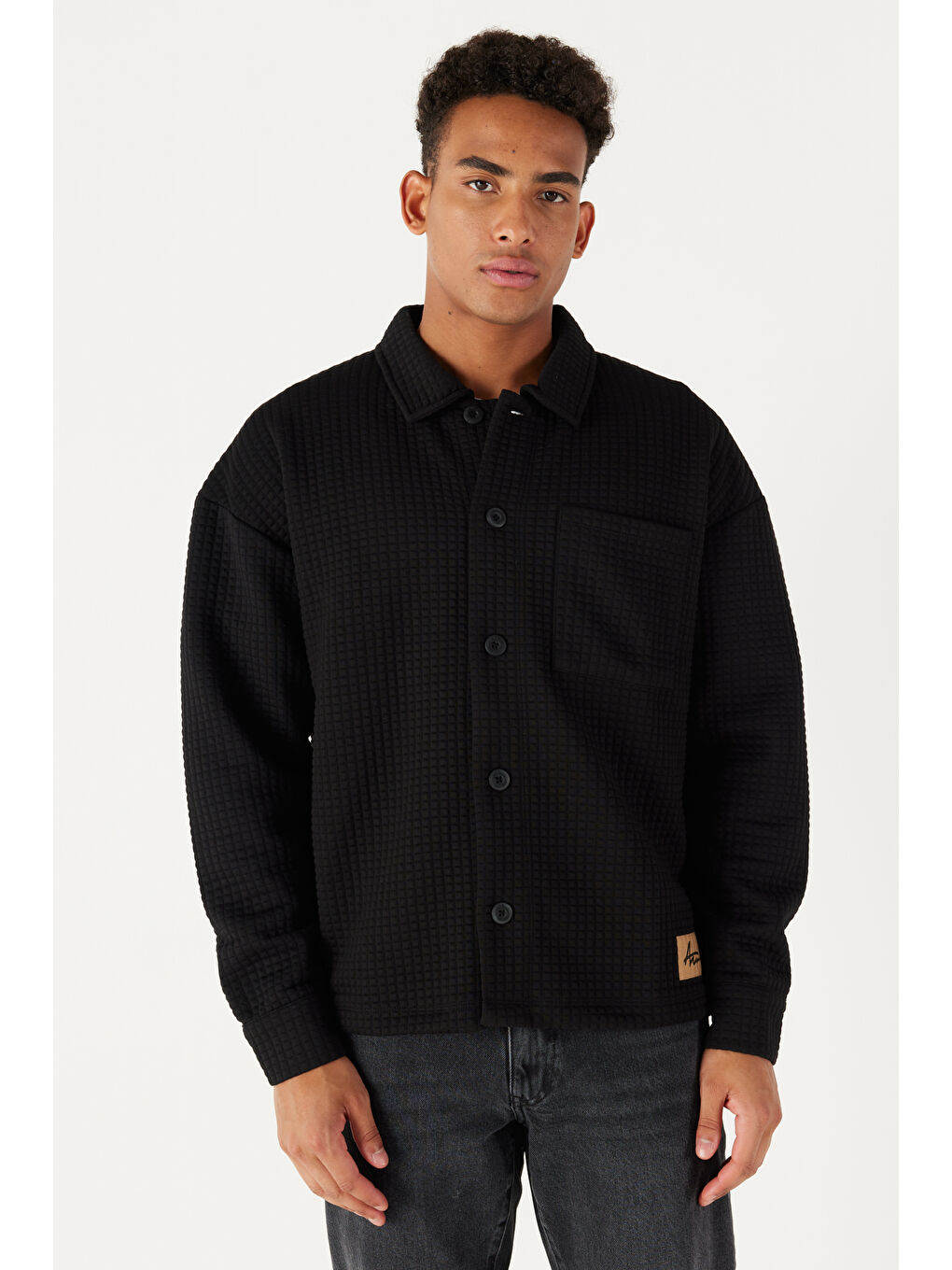 Erkek Siyah Loose Fit Bol Kesim Kapitone Desenli Gömlek Yaka Örme Ceket-4