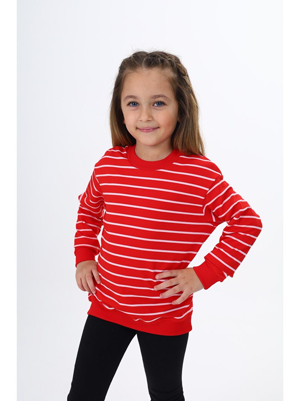 Kırmızı Kız Çocuk Çizgili Sweatshirt
