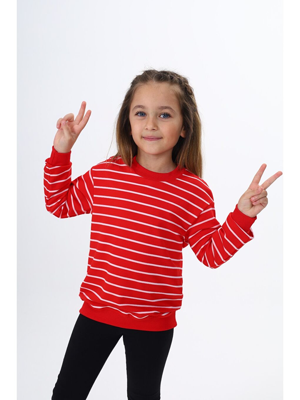 Kırmızı Kız Çocuk Çizgili Sweatshirt-1