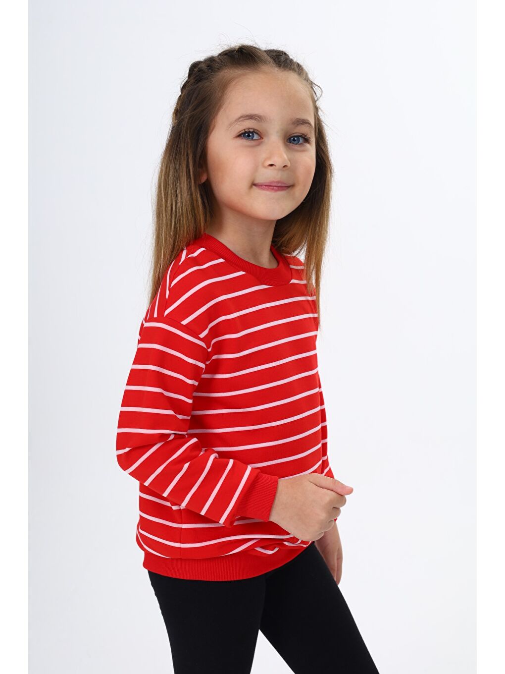 Kırmızı Kız Çocuk Çizgili Sweatshirt-2