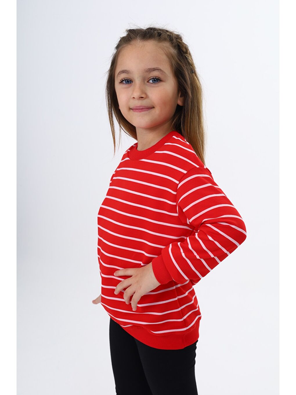 Kırmızı Kız Çocuk Çizgili Sweatshirt-4