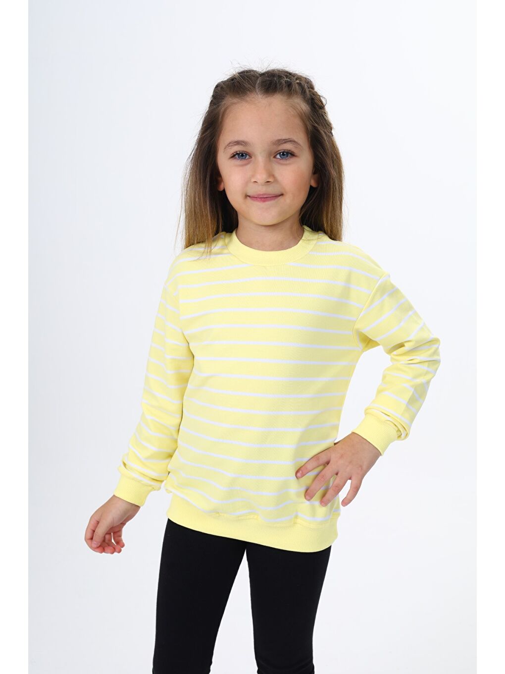 Sarı Kız Çocuk Çizgili Sweatshirt