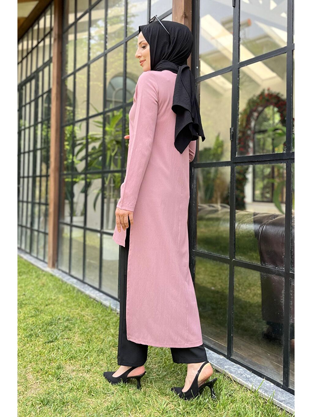 TOFİSA Pembe Düz Bisiklet Yaka Kadın Pembe Tunik+Pantolon - 11514 - 5