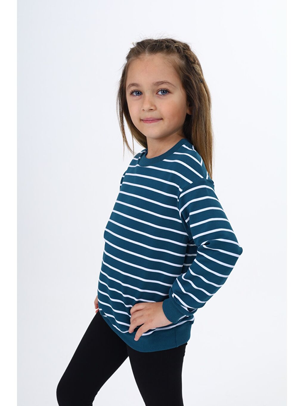 Petrol Kız Çocuk Çizgili Sweatshirt-1