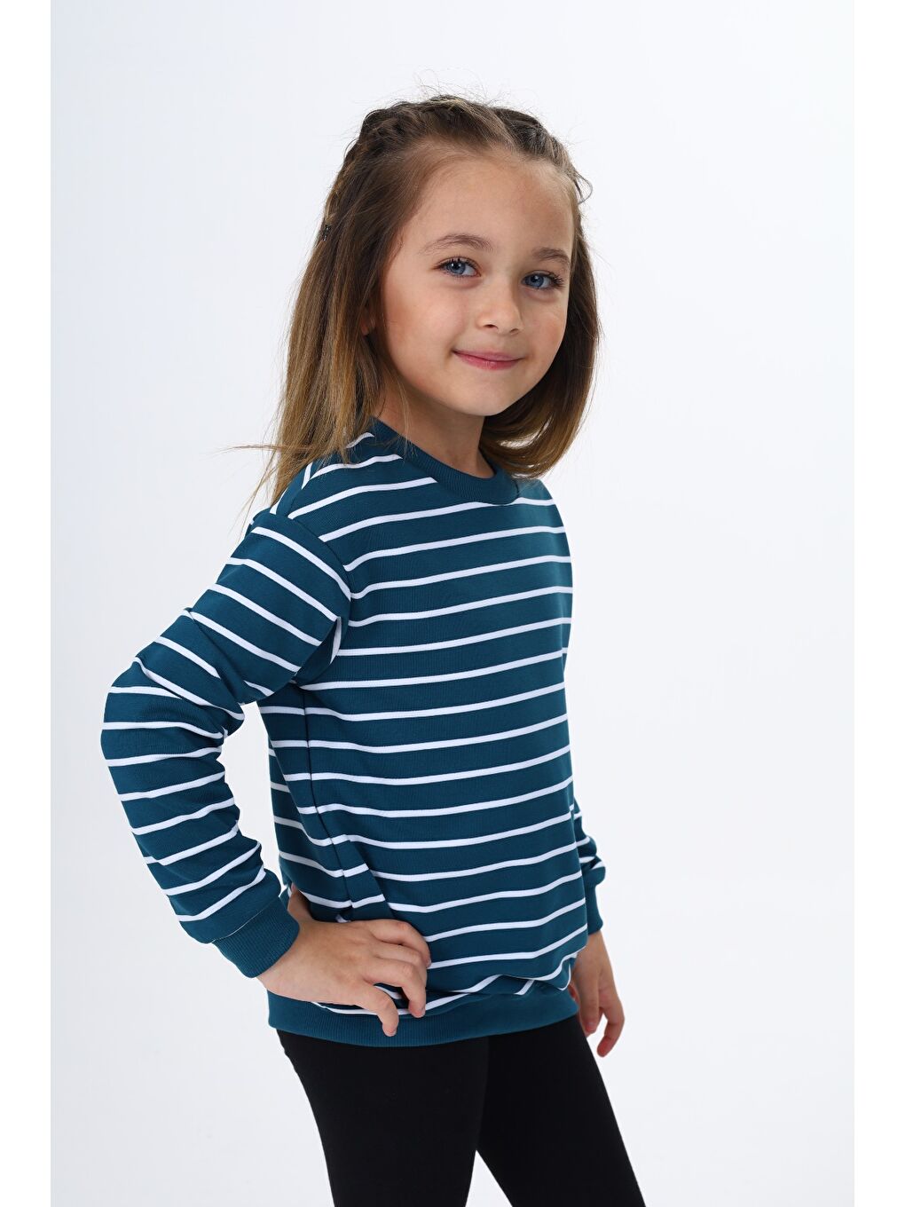 Petrol Kız Çocuk Çizgili Sweatshirt-2