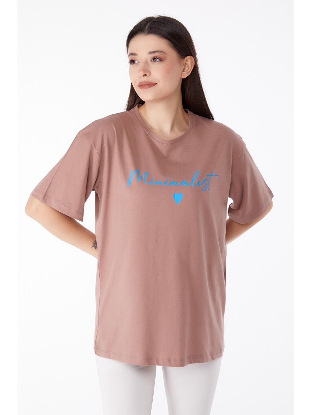 TOFİSA Vizon Düz Bisiklet Yaka Kadın Vizon Baskılı T-shirt - 25295 - 1