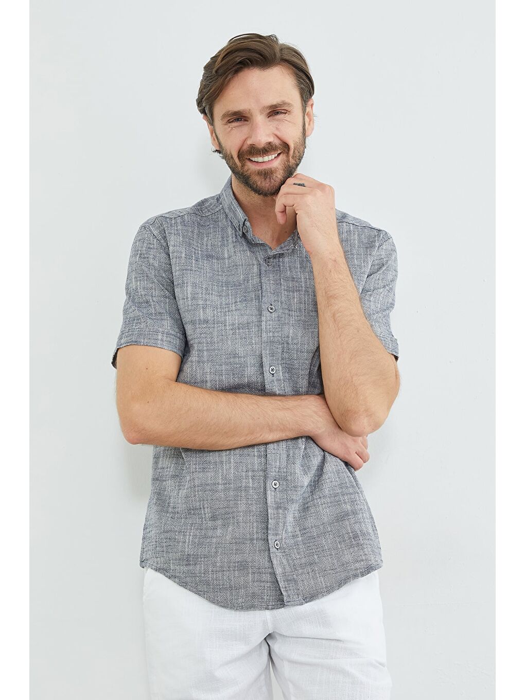 Lacivert Flamlı Düğmeli Keten Görünümlü Gömlek-3