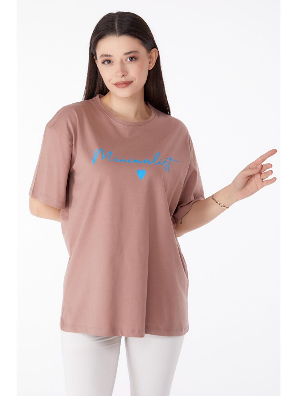 TOFİSA Vizon Düz Bisiklet Yaka Kadın Vizon Baskılı T-shirt - 25295 - 2