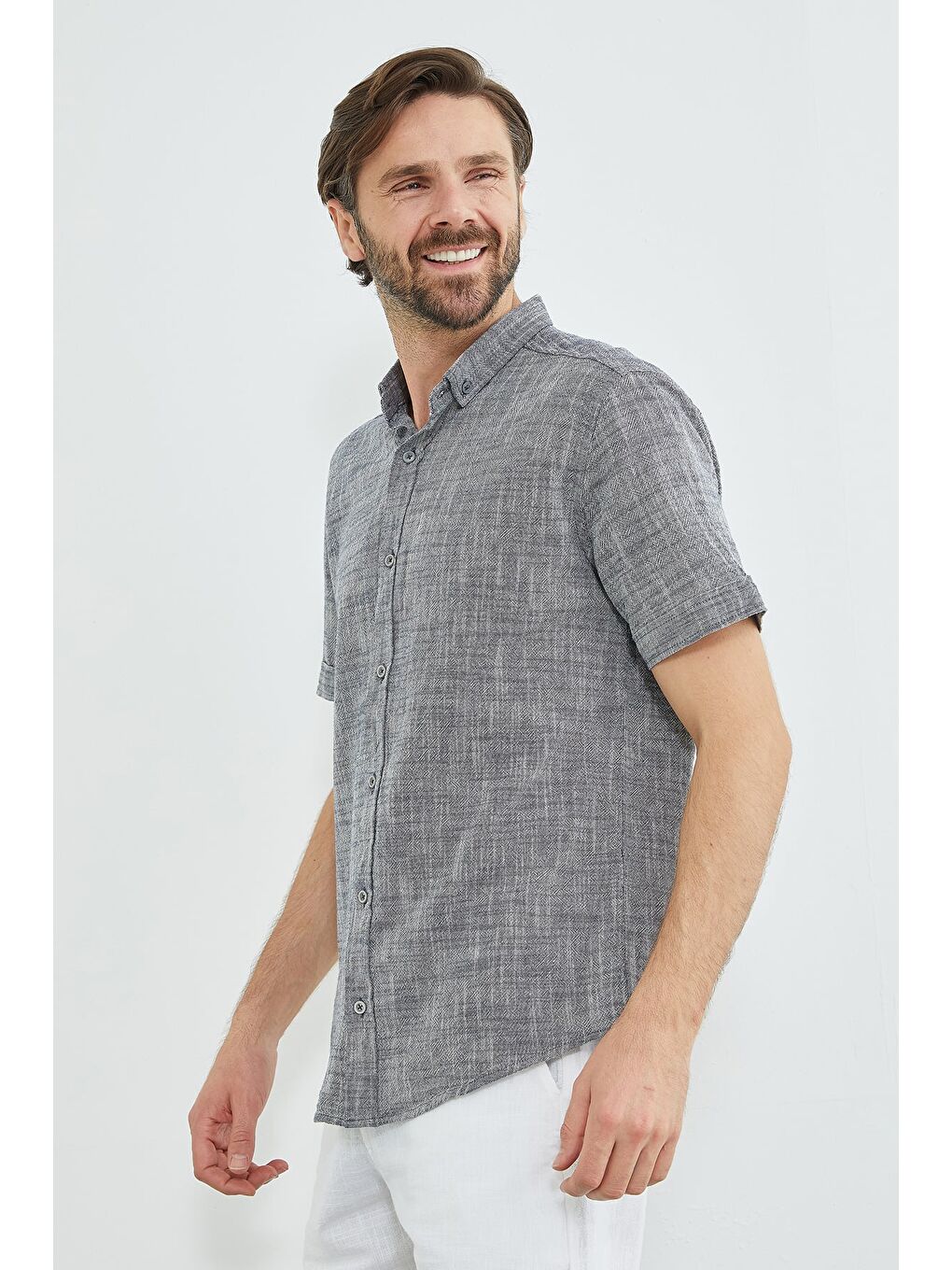 Lacivert Flamlı Düğmeli Keten Görünümlü Gömlek-4