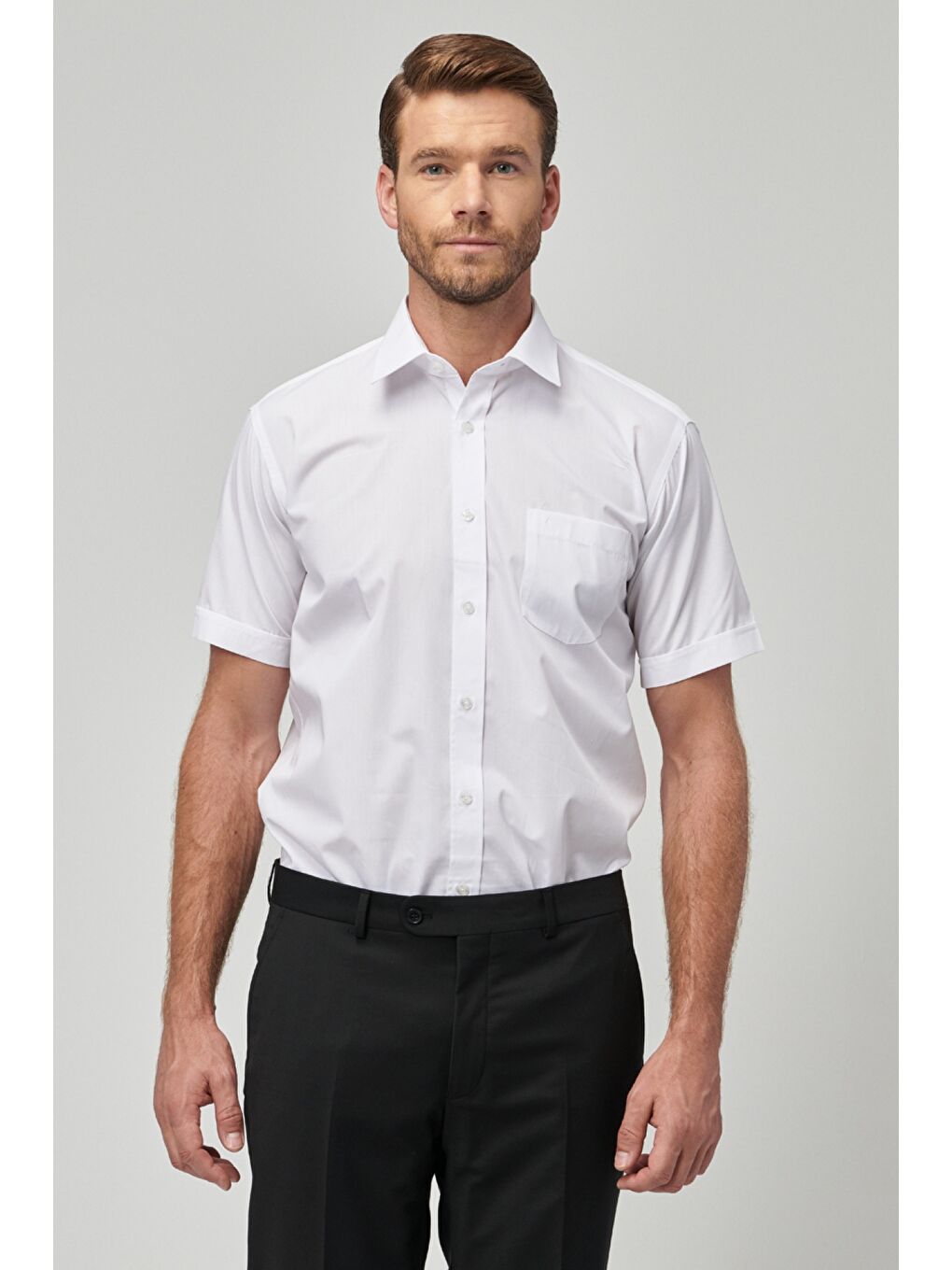 Erkek Beyaz Comfort Fit  Klasik Yaka Pamuklu Kısa Kollu Basic Gömlek