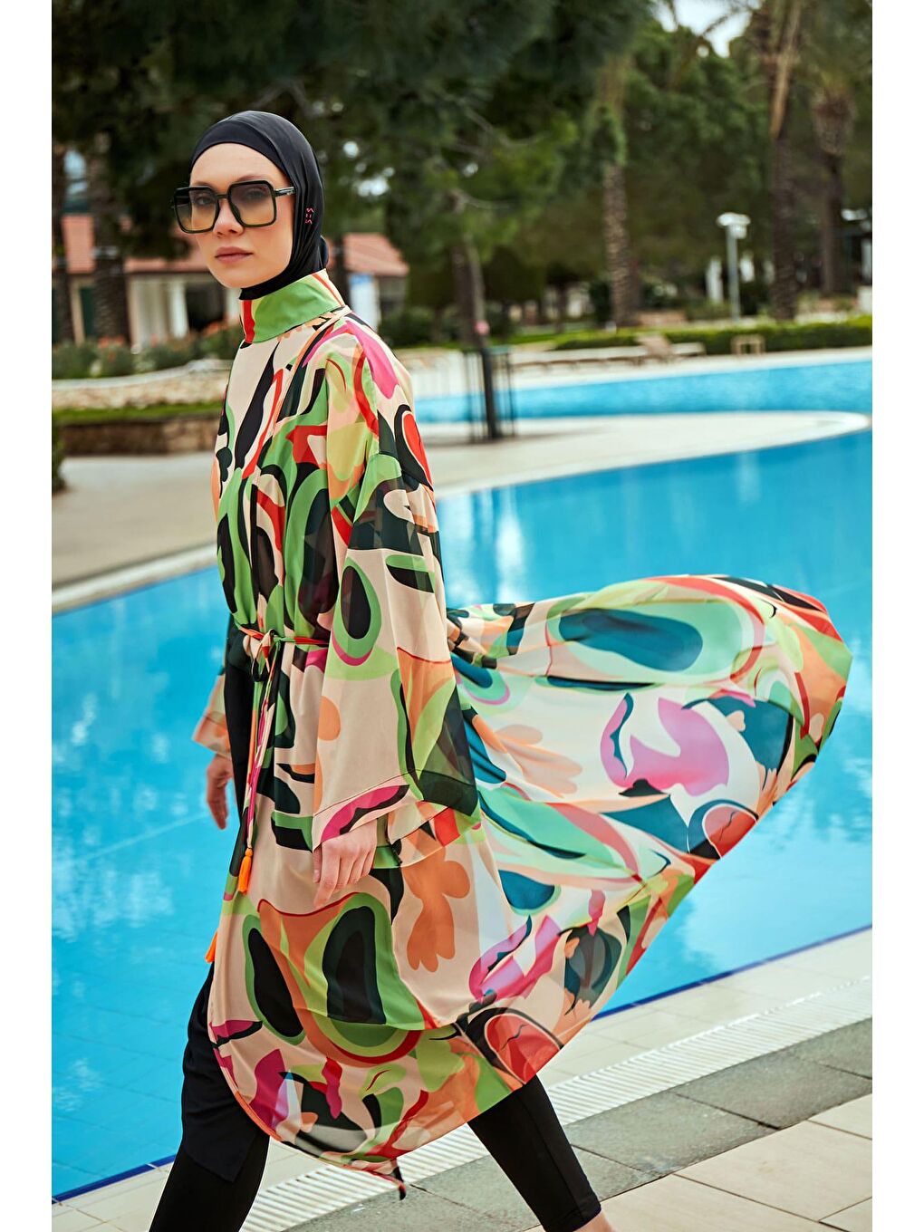 Marina Yeşil Desenli Yeşil Kimono Kaftan P2414