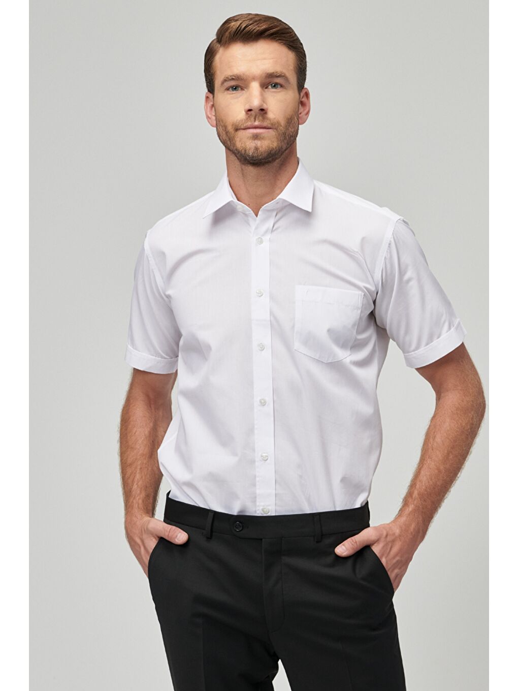 Erkek Beyaz Comfort Fit  Klasik Yaka Pamuklu Kısa Kollu Basic Gömlek-1