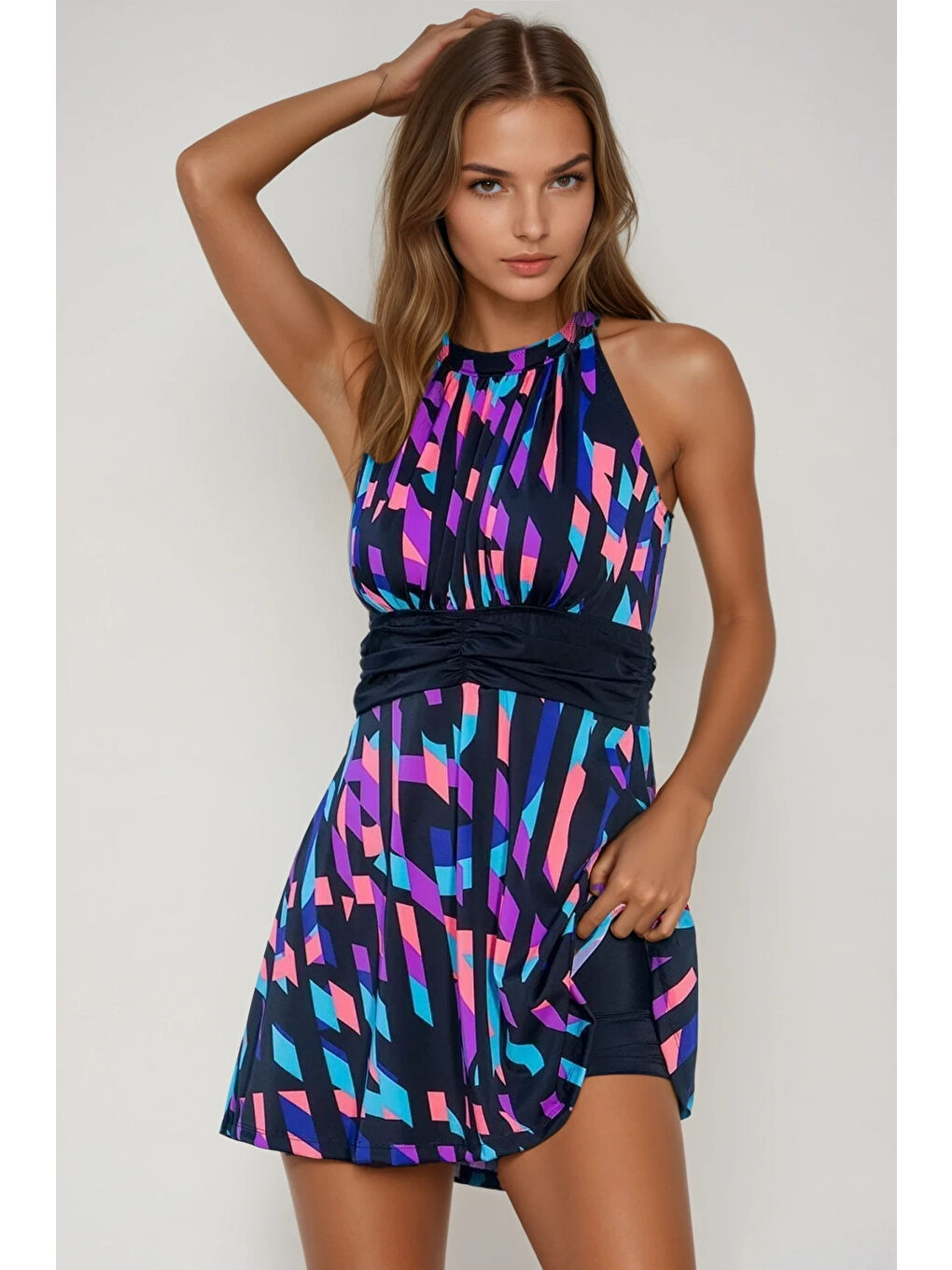 Siyah Kadın Çok Renkli Şortlu Elbise Mayo HZL26S-AR19211