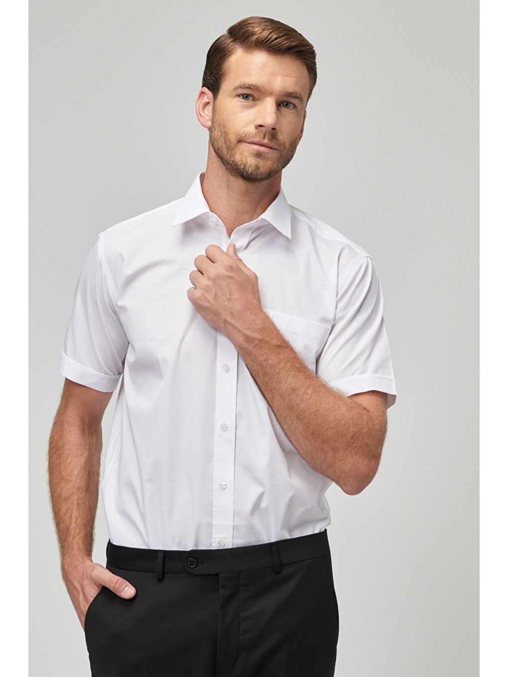 Erkek Beyaz Comfort Fit  Klasik Yaka Pamuklu Kısa Kollu Basic Gömlek-2