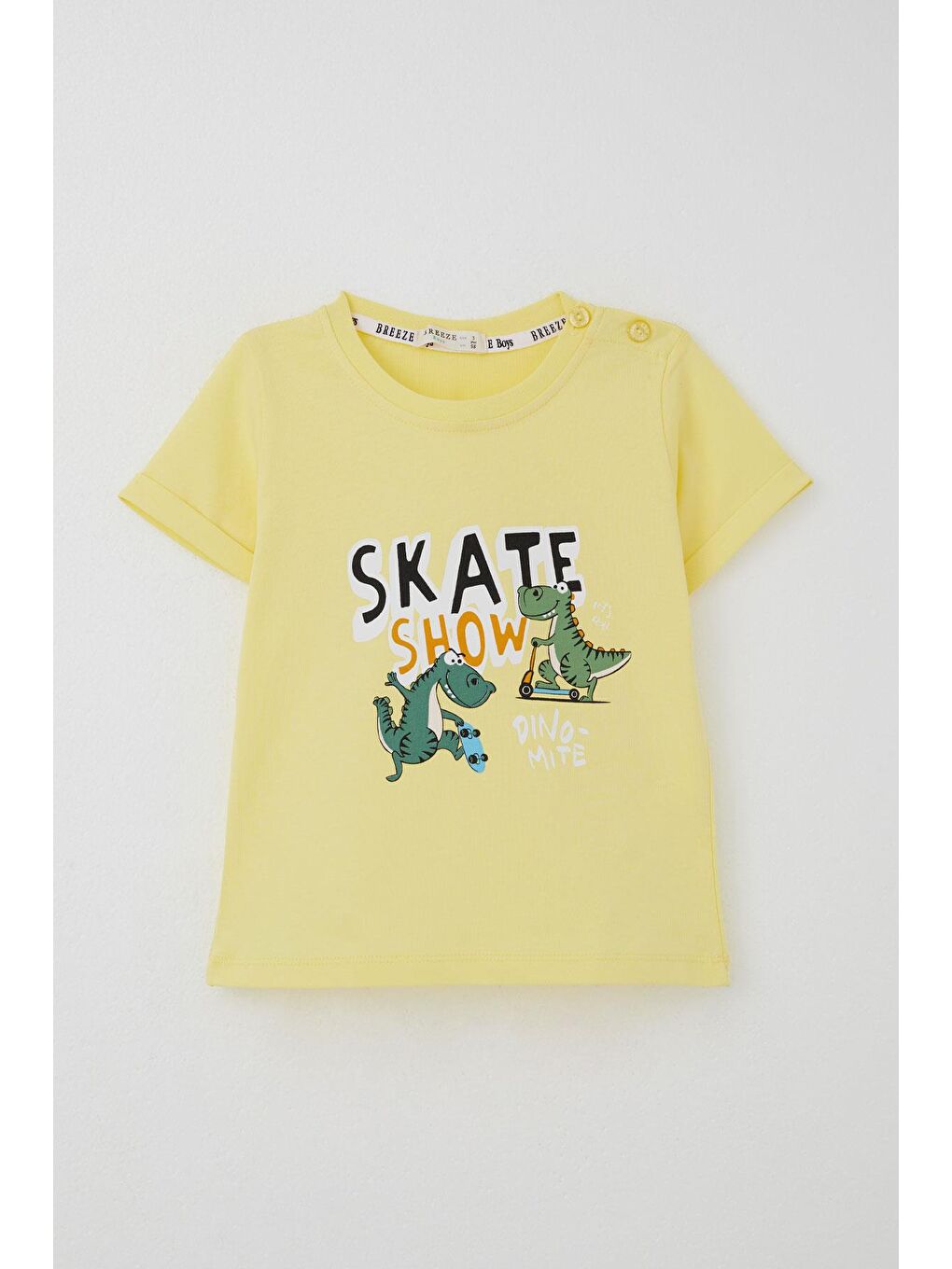 Erkek Çocuk Şortlu Takım Paten Gösterisi Yapan Dinozor Baskılı Sarı (1-3 Yaş)-1