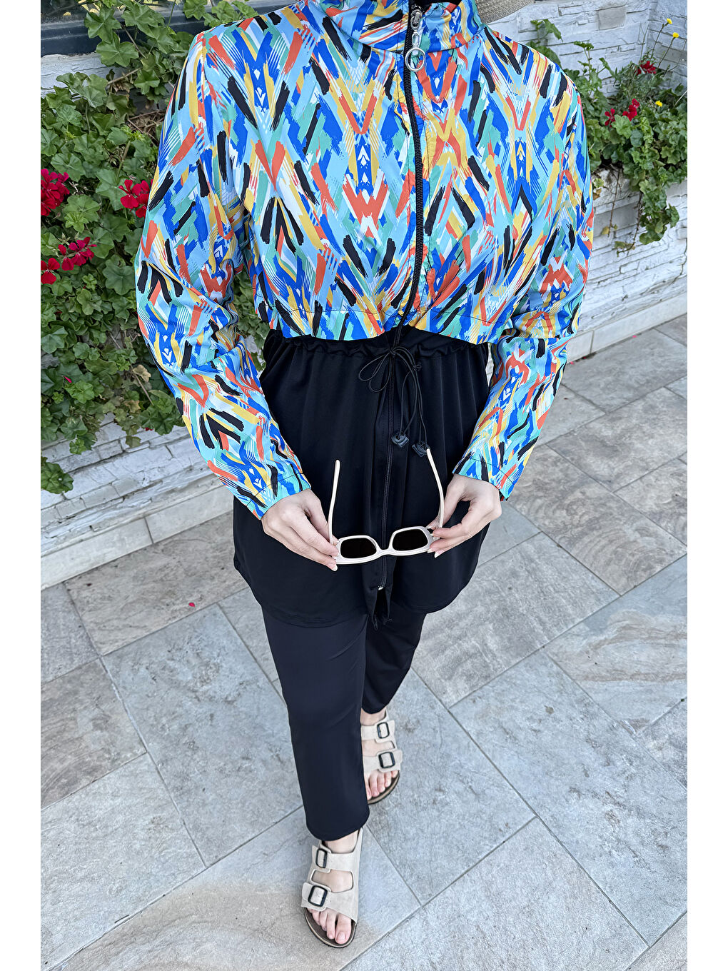 Fermuarlı Dokuma Tam Kapalı Tesettür Mayo T244-520 Siyah-2