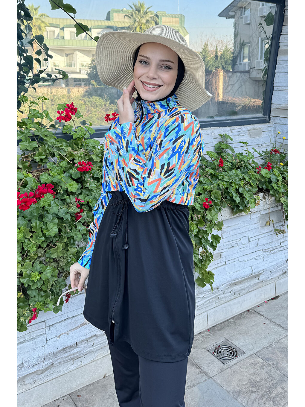 Fermuarlı Dokuma Tam Kapalı Tesettür Mayo T244-520 Siyah-4