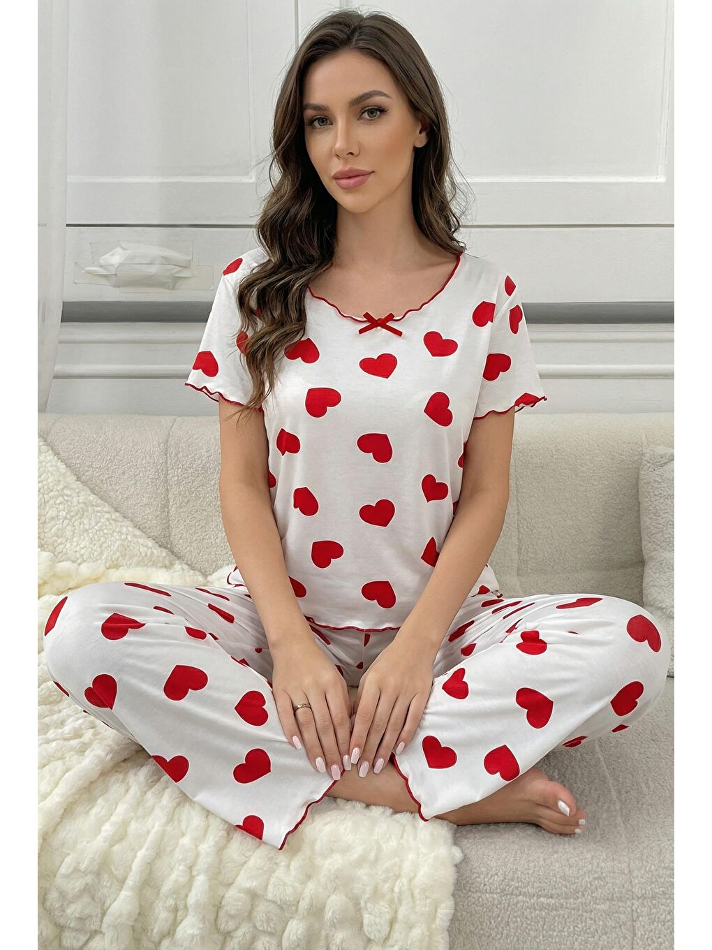 Ekru Kadın Pamuklu Kayık Yaka Kısa Kollu Pijama Takımı