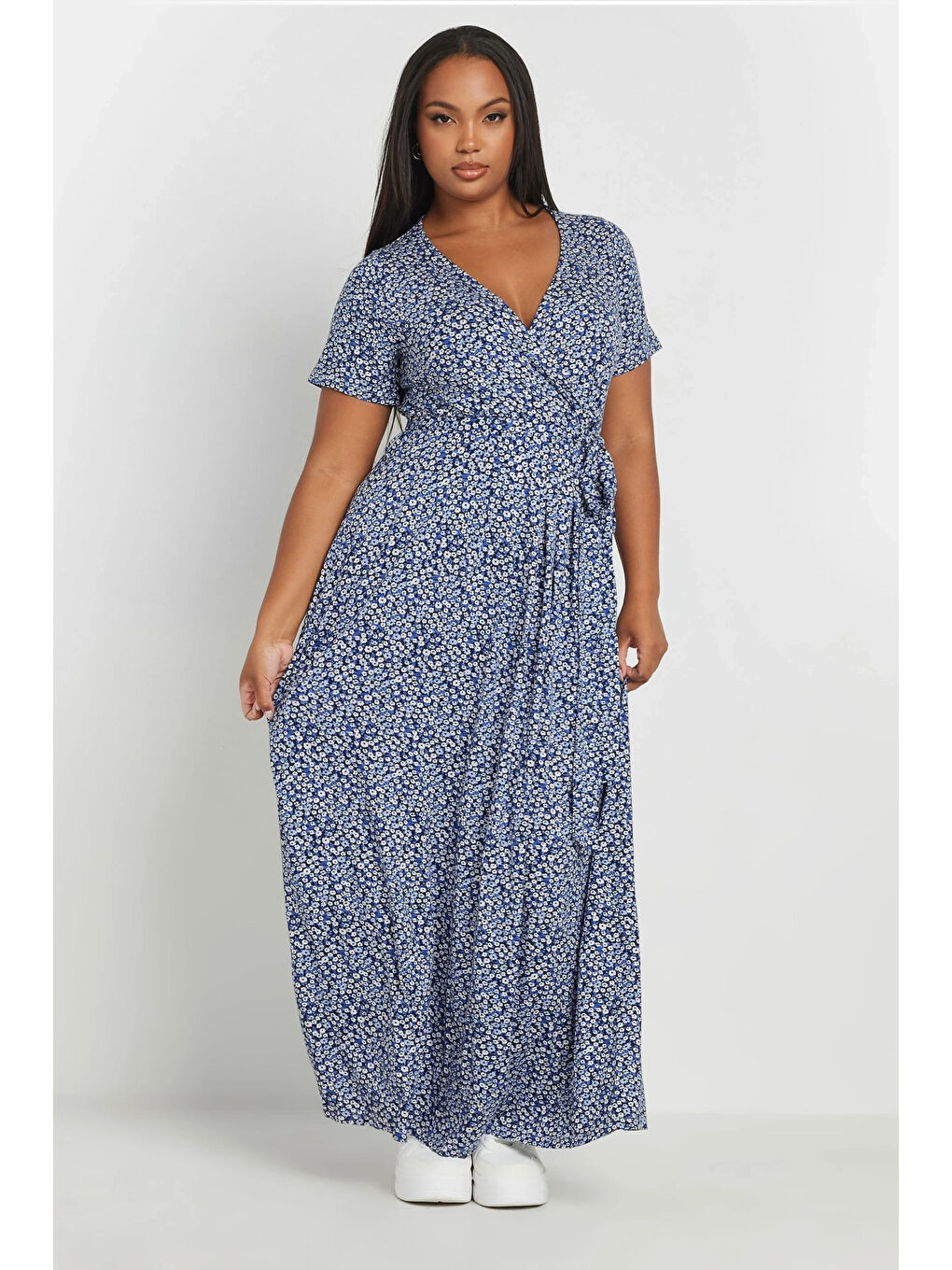 Mavi Büyük Beden V Yaka Kısa Kollu Önü Kuşaklı Maxi Elbise 303506-1