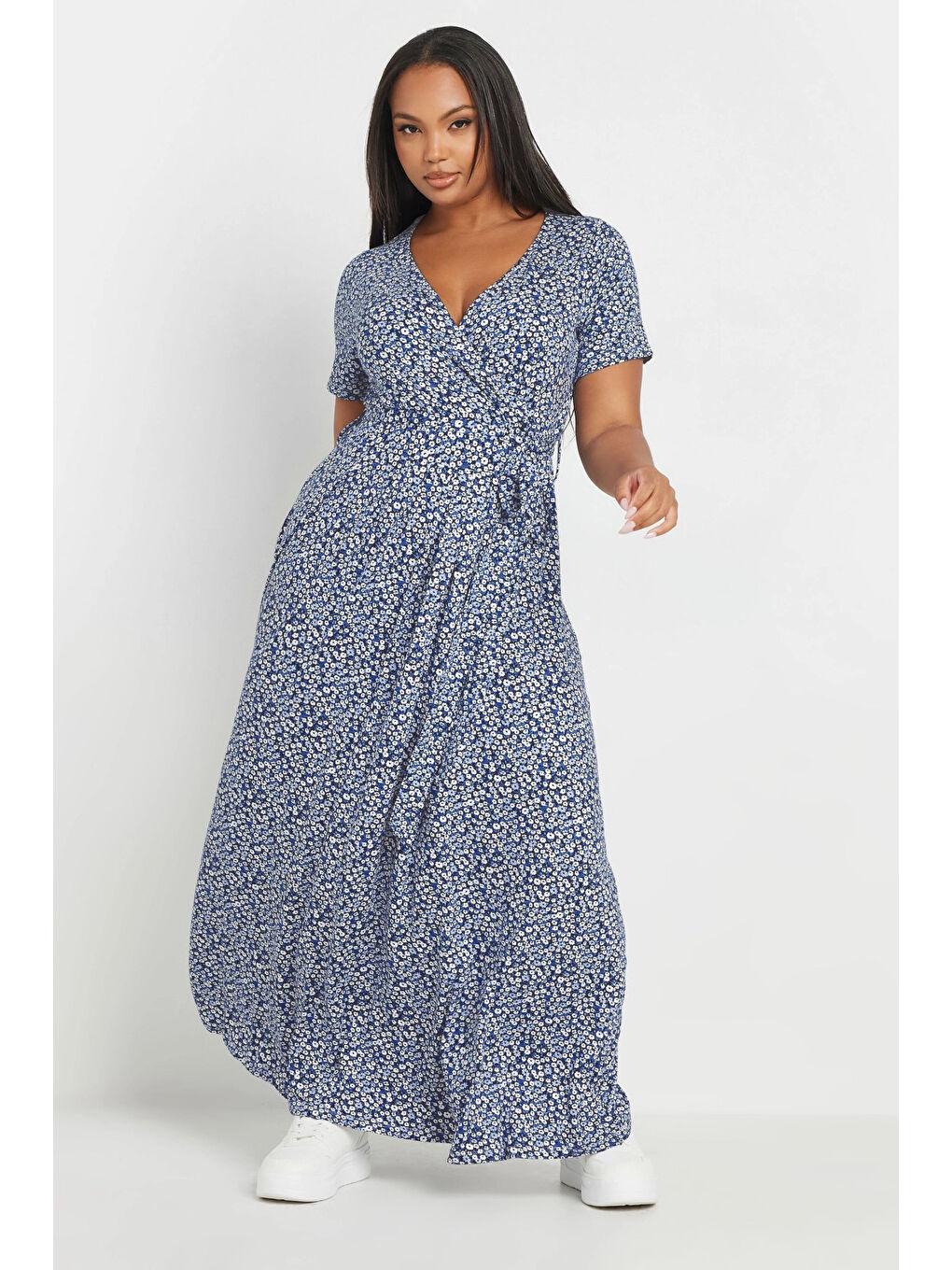 Mavi Büyük Beden V Yaka Kısa Kollu Önü Kuşaklı Maxi Elbise 303506-3