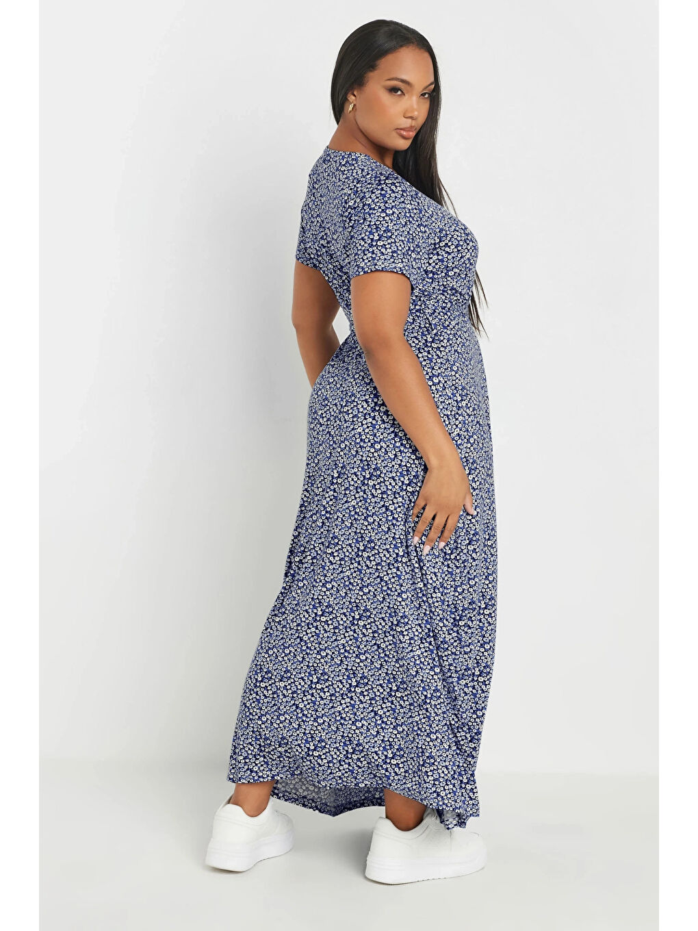 Mavi Büyük Beden V Yaka Kısa Kollu Önü Kuşaklı Maxi Elbise 303506-4