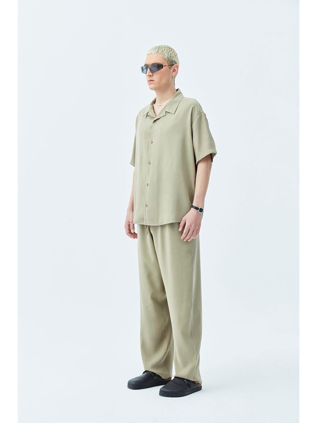 Basıc Oversize Keten Takım Haki-4