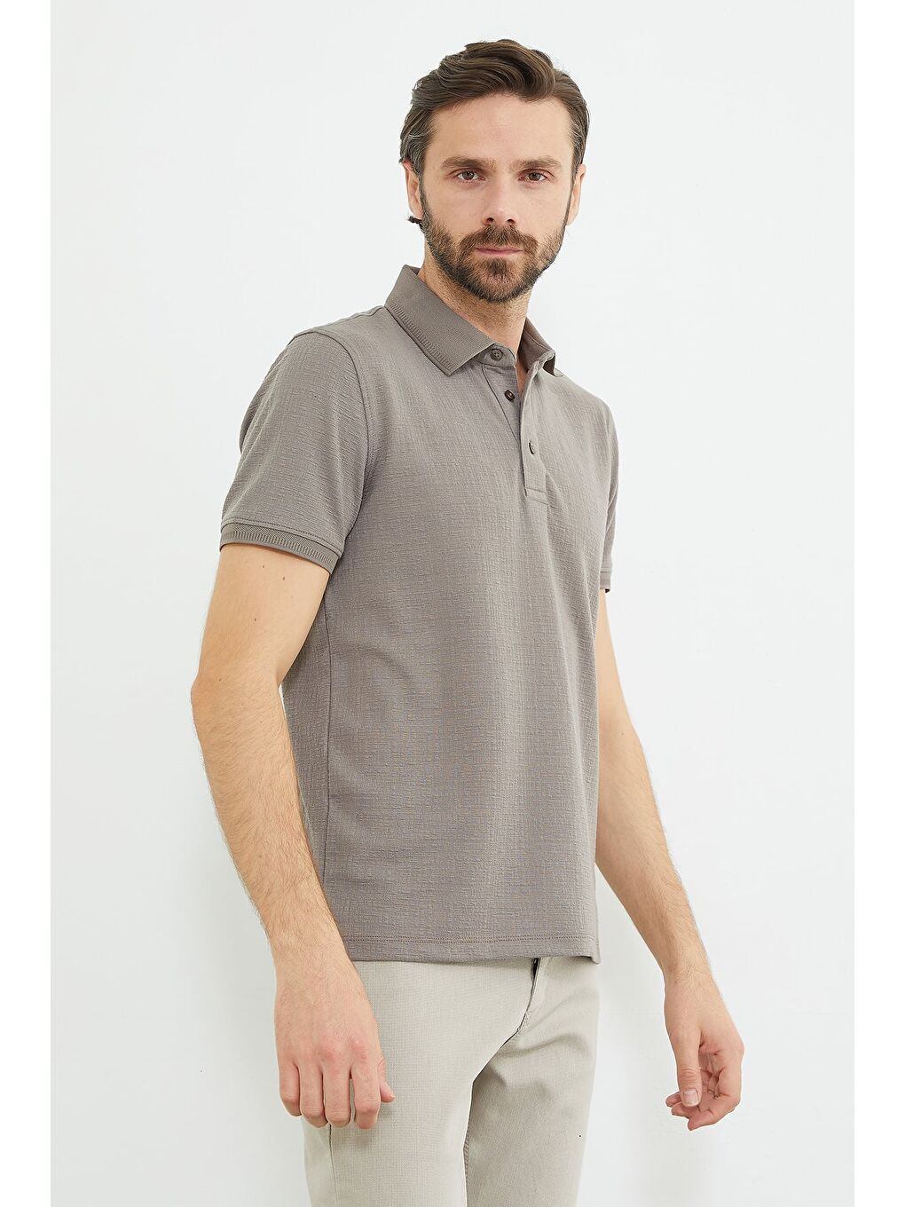 Bej Desenli Polo Yaka Regular Fit Tişört-1
