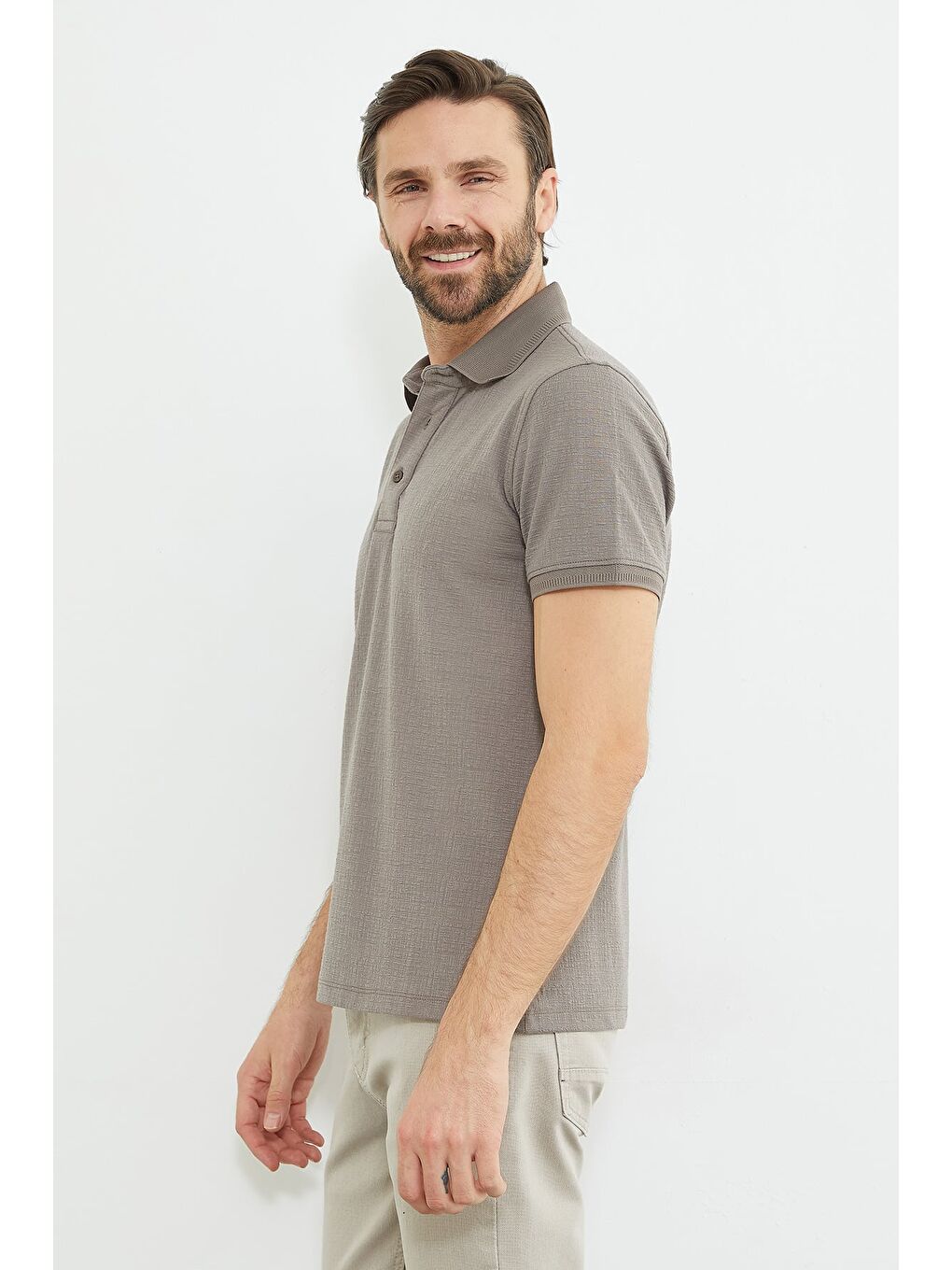 Bej Desenli Polo Yaka Regular Fit Tişört-2