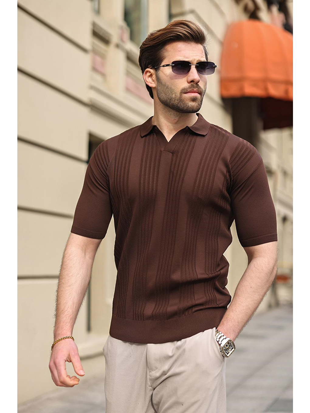 Kahverengi Polo Yaka Triko Erkek Tişört E7469