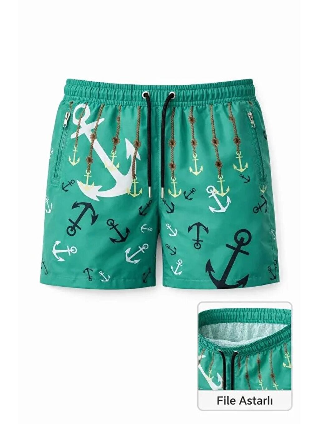 Turkuaz Erkek Deniz Şortu Fermuarlı Cepli File Astarlı Hızlı Kuruyan Premium - Su Yeşili