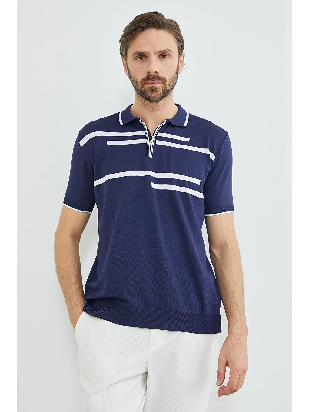 Lacivert Çizgili Yarım Fermuarlı Polo Yaka Triko Tişört