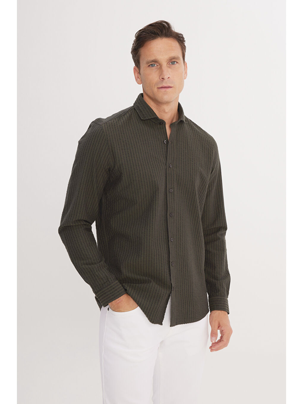 Erkek Haki Slim Fit Dar Kesim İtalyan Yaka %100 Pamuk Gofre Gömlek-2