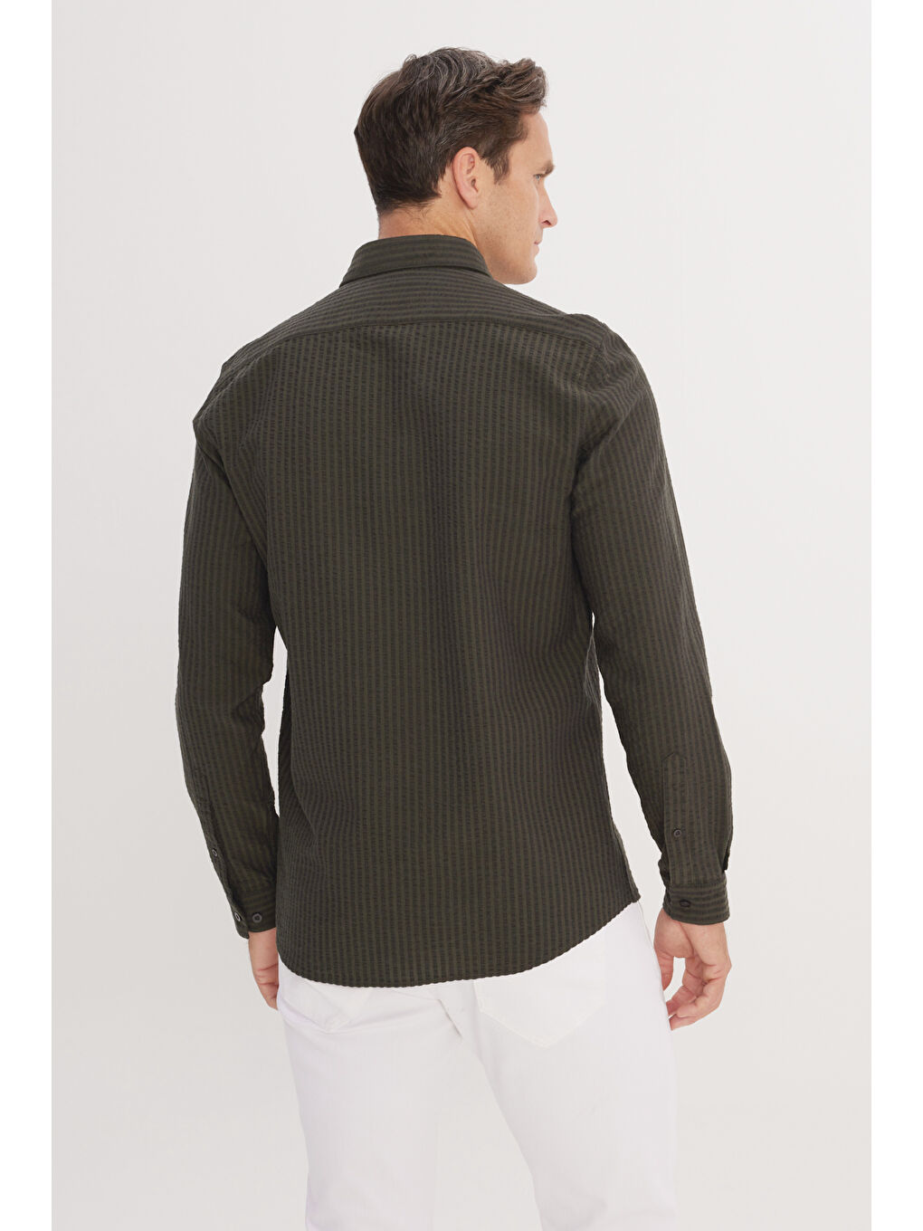 Erkek Haki Slim Fit Dar Kesim İtalyan Yaka %100 Pamuk Gofre Gömlek-4