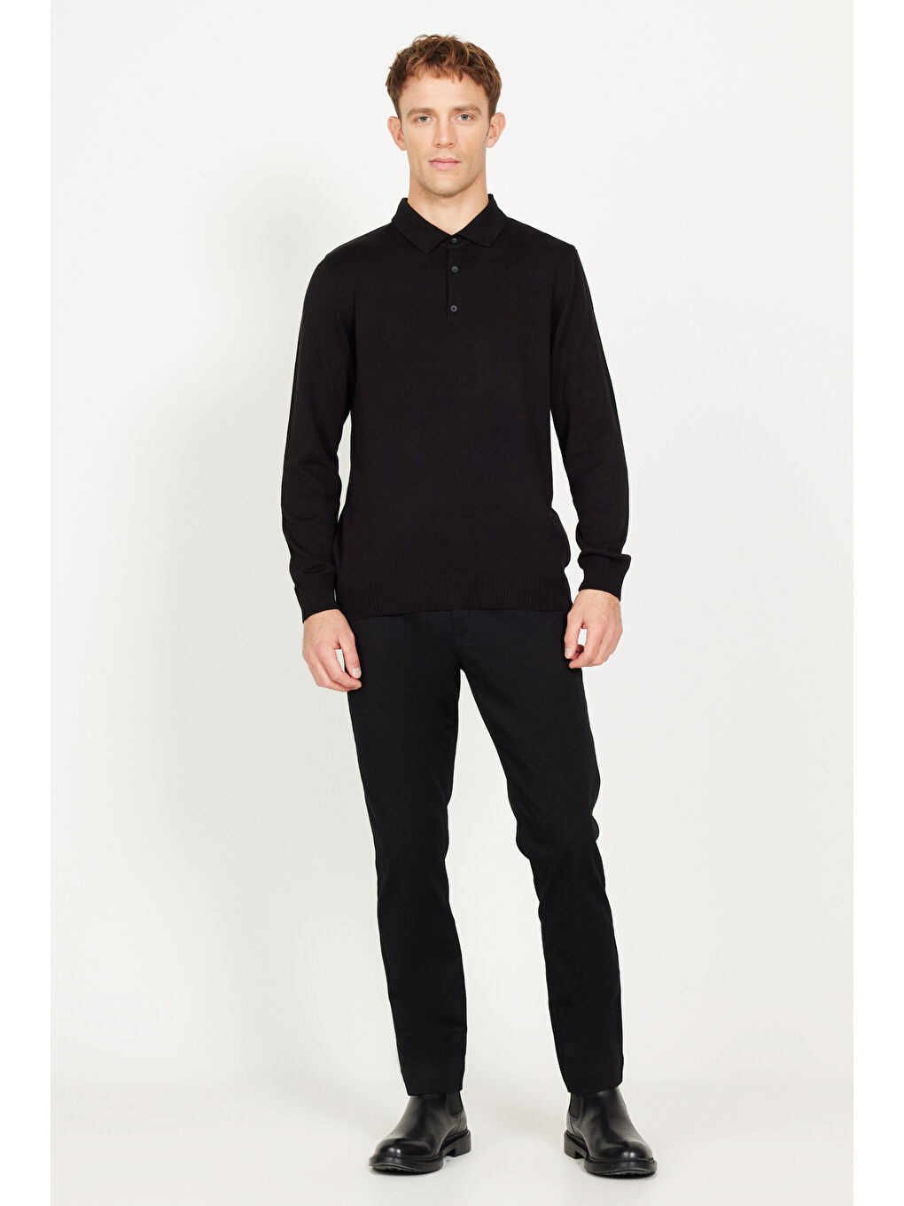 Erkek Siyah Standart Fit Normal Kesim Polo Yaka Pamuklu Triko Kazak-1