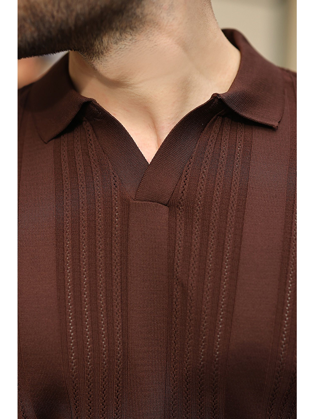 Kahverengi Polo Yaka Triko Erkek Tişört E7469-2