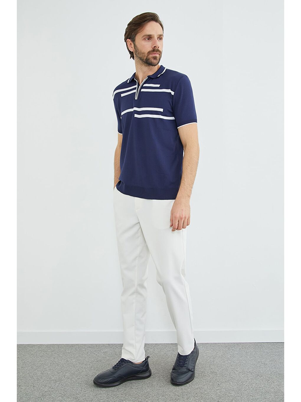 Lacivert Çizgili Yarım Fermuarlı Polo Yaka Triko Tişört-2