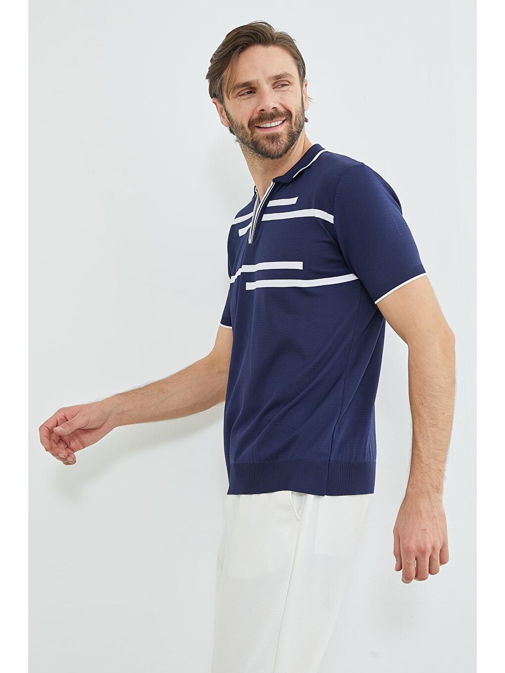 Lacivert Çizgili Yarım Fermuarlı Polo Yaka Triko Tişört-3