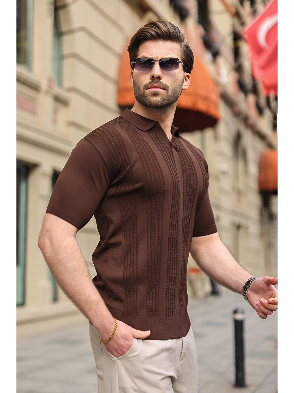 Kahverengi Polo Yaka Triko Erkek Tişört E7469-3